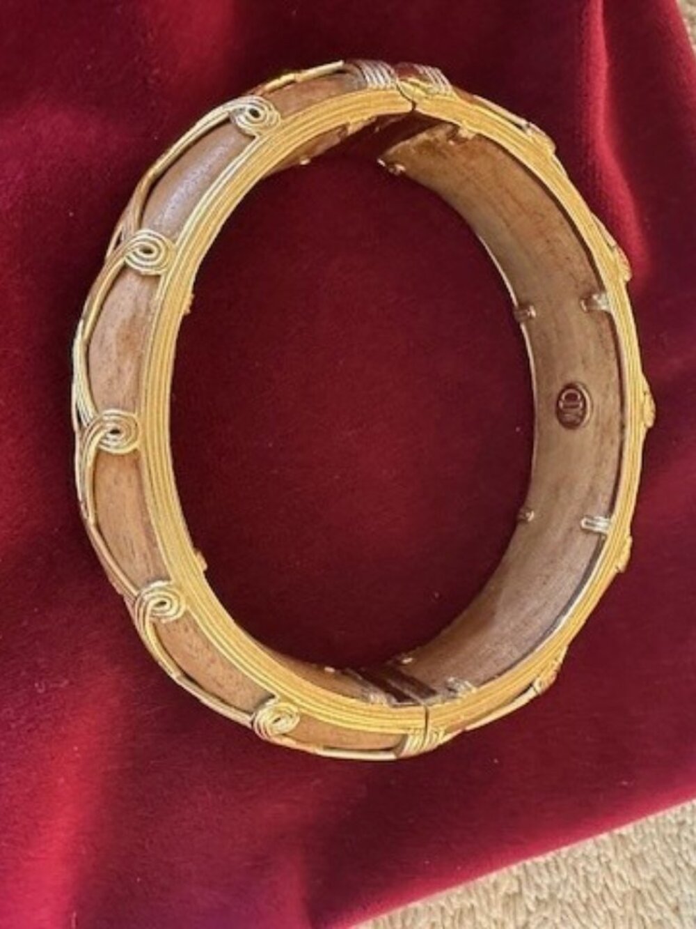 Capucine de Wulf Earth Goddess Teak Wood Gold Plated Lattice Hinged Bangle Brace